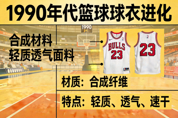 1990年代篮球球衣进化 - 合成材料制成的轻质透气球衣，带有鲜明球队标识