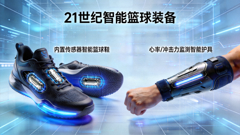 21世纪智能篮球装备 - 展示内置传感器的智能篮球鞋和可监测心率、冲击力的智能护具