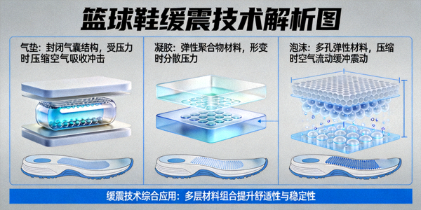 篮球鞋缓震技术解析图 - 展示气垫、凝胶、泡沫等不同缓震材料的结构与工作原理
